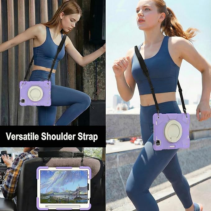 SCSVPN for iPad Air 5th/4th Generation Case 10.9'', Protective Kids Case for iPad Pro 11 Inch 2022 2021 2020 2018(4th/3rd/2nd/1st gen) with Pencil Holder-Rotation Stand/Handle-Shoulder Strap, Purple