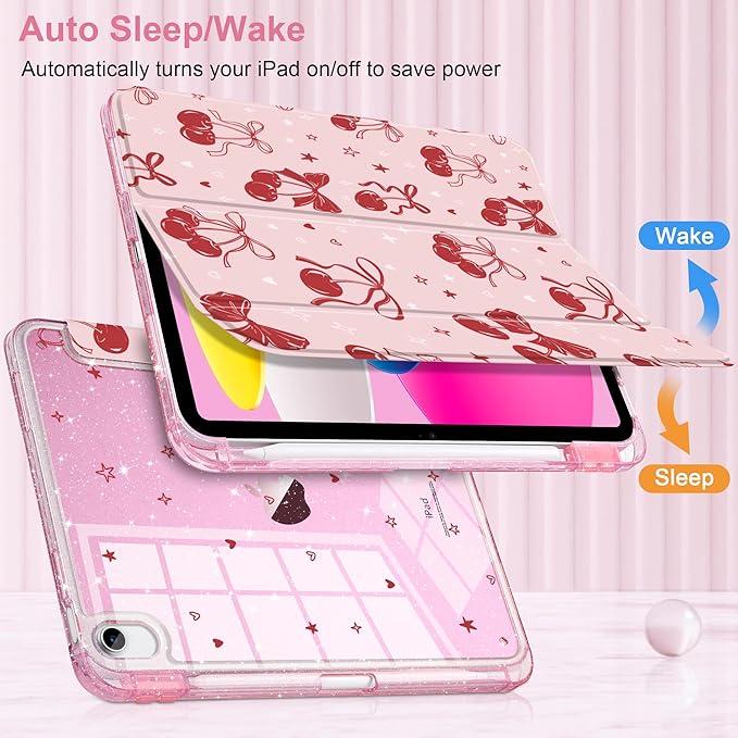 DONGKE for iPad Pro 11 inch Case – Fits M5 2025 / M4 2024, Shockproof Sparkling Glitter Acrylic Back, Pencil Holder, Trifold Stand, Auto Sleep/Wake & Touch ID Support - Cherry & Bow