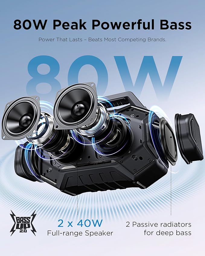 ShellHome Bluetooth 6.0 Speakers Outdoor, 80W(Peak) Loud Speaker with Bass, 30H Playtime, IPX6 Waterproof, RGB Lights, BassUp 2.0, TWS, Portable Large Jobsite Speakers for Workshop, Garage,Yellow