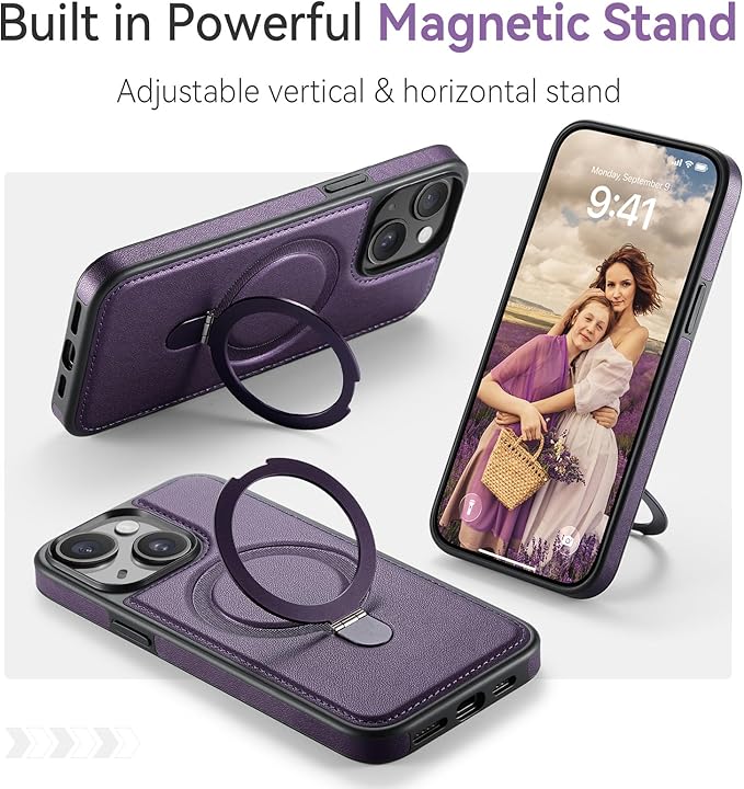 for iPhone 15 Plus Case with Stand, Compatible with MagSafe, Slim PU Leather & Durable TPU Protective Magnetic Kickstand Cover Drop-Proof with Tempered Glass Screen Protector 6.7", Purple
