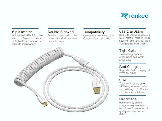Ranked Coiled Keyboard Cable | Handcrafted Double-Sleeved Braided Cable | USB Type C to A | 5-Pin Aviator Connector for Custom Mechanical Gaming Keyboard | Support Fast Charge 20W (White)