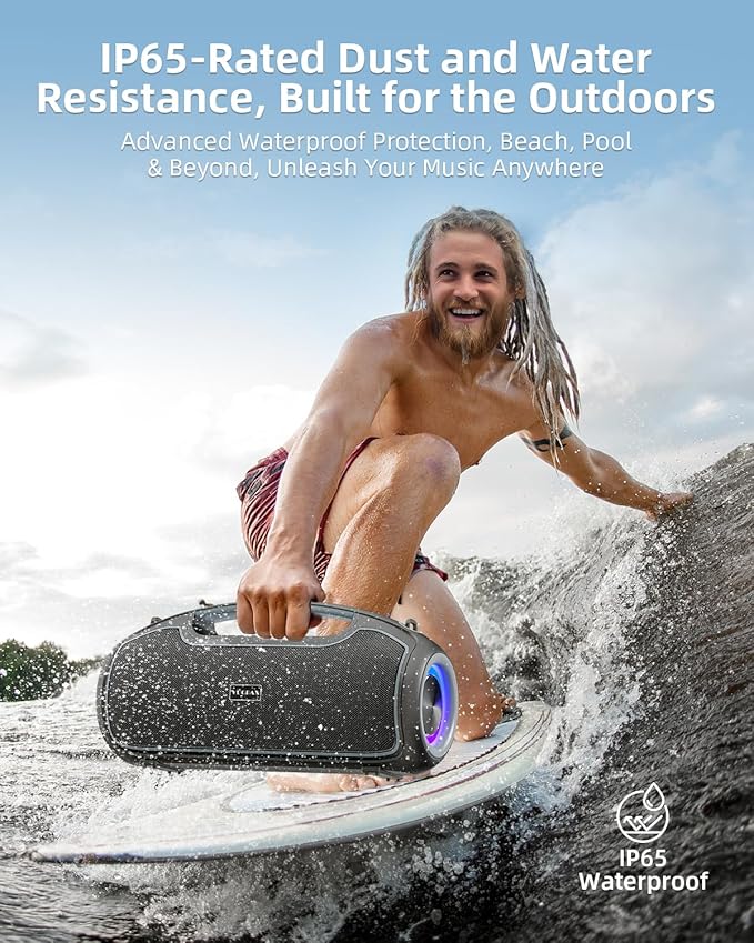 Portable Bluetooth Speakers Wireless, 200W MAX Loud Outdoor Speaker with Deep Bass, IP65 Waterproof, BT5.4, USB-C, RGB Lights, for Party, Camping, Beach, Large Workshop, Garage, 24H Playtime