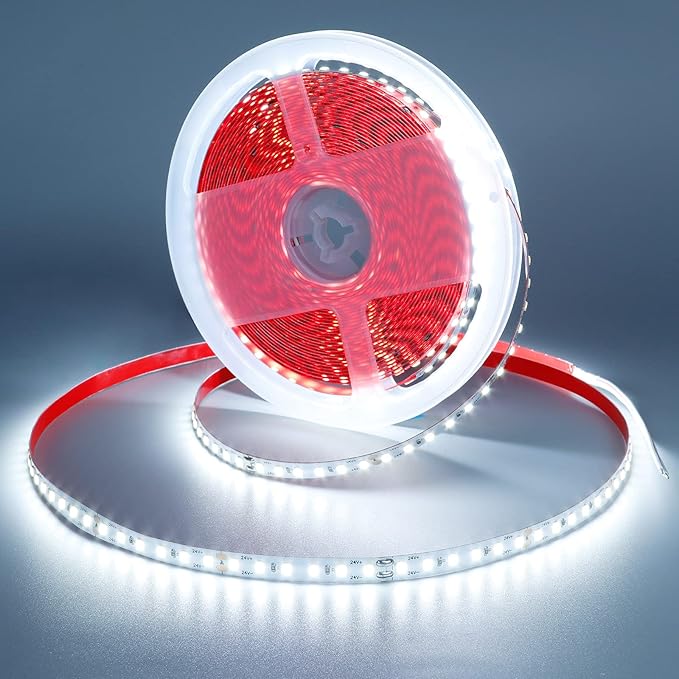 DC 24V 32.8ft(10M) LED Strip Light Cool White 6000K 1200LEDs 2835 SMD 90W High Brightness 7200LM No-Waterproof Flexible Ribbon for Backyard Hallways Stairs Decoration Lighting(No Power Supply)