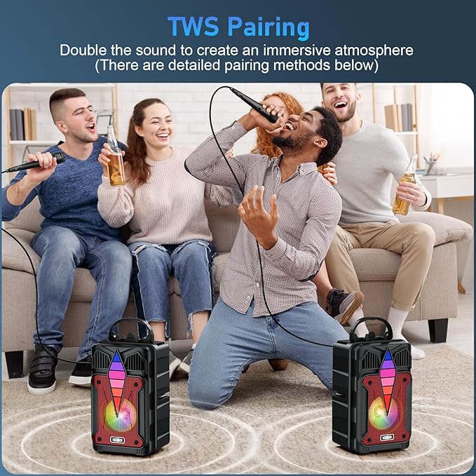 Portable Bluetooth Speaker with Voice-Controlled RGB Multi-Color Rhythm Lights, Supports TWS/USB/TF/FM/AUX, Suitable for Home Party or Outdoors (Red)