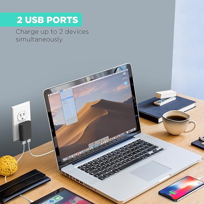 iHome 2-Port USB Wall Charger, AC Pro Multiport Plug Adapter, Phone Charging Block with Dual Ports for Home & Travel