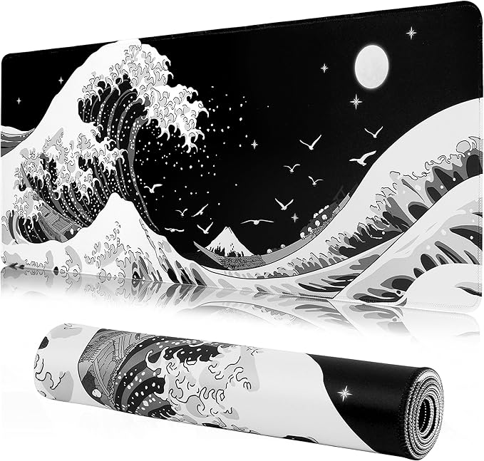 MEWOOCUE® Gaming Mouse Pad for Desk,Large Sea Wave Mousepad Laptop,Black White Japanese Anime Mouse Mat,Long XXL Waterproof Keyboard Pads,Big Non-Slip Mouse Pads for Game Office Home（31.5 x 11.9 in）