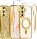 Meifigno Case Designed for Samsung Galaxy S25 6.2 inch, [Compatible with MagSafe] [2X HD Screen Protectors] [Glitter Card & Wrist Strap] Surround Lens Protection Case for Samsung Galaxy S25, Gold