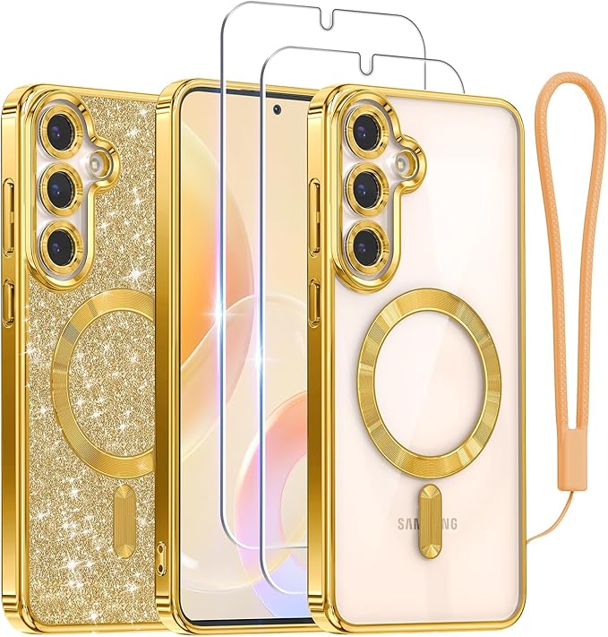 Meifigno Case Designed for Samsung Galaxy S25 6.2 inch, [Compatible with MagSafe] [2X HD Screen Protectors] [Glitter Card & Wrist Strap] Surround Lens Protection Case for Samsung Galaxy S25, Gold