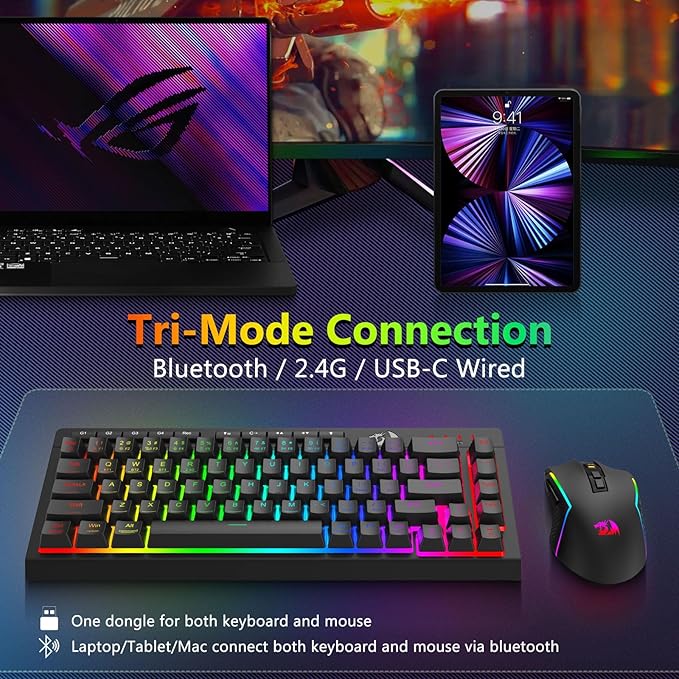 Redragon Wireless Gaming Keyboard and Mouse Combo, Bluetooth/2.4G/USB-C Wired, RGB Backlit, 60% Portable Quiet Rechargeable Macro Membrane Keyboard & 12800 DPI Mouse with Software for Win/MAC