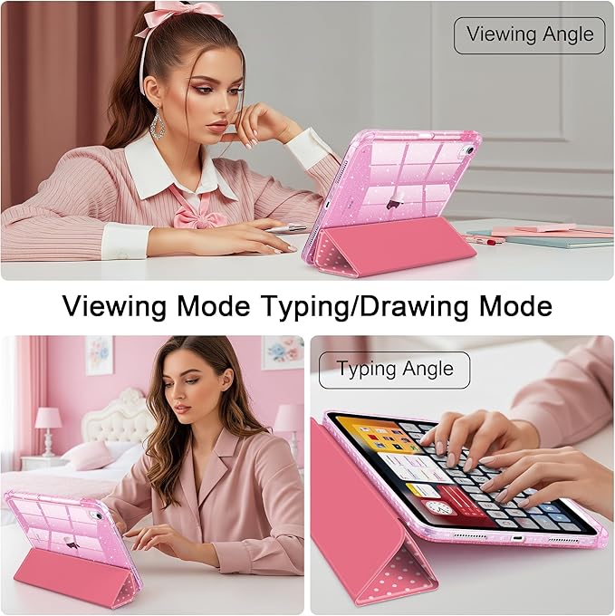 DONGKE for iPad Pro 11 inch Case – Fits M5 2025 / M4 2024, Shockproof Sparkling Glitter Acrylic Back, Pencil Holder, Trifold Stand, Auto Sleep/Wake & Touch ID Support - Dark Pink Polka Dot
