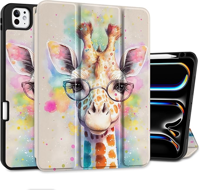 MEEgoodo Case for M5 iPad Pro 11 inch 2025/M4 iPad Pro 11 inch Case 2024, Tablet Cover with Trifold Stand & Pencil Holder & Auto Wake/Sleep & Soft TPU Back Cover, Giraffe