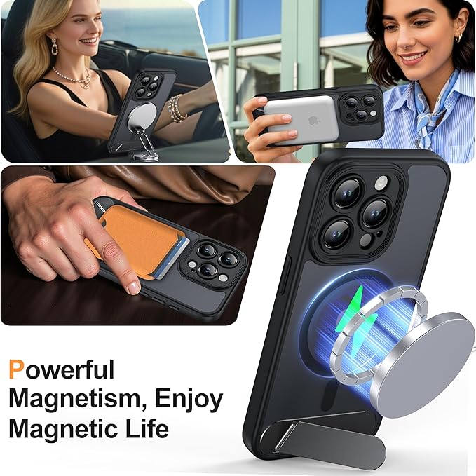 Magnetic Compatible with iPhone 15 Pro Case, [Built-in Kickstand][Full Camera Protection][Compatible with MagSafe][Anti-Fingerprint] Shockproof Phone Case for iPhone 15 Pro 6.1",Black