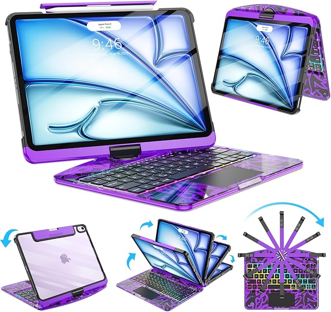 SIBEITU Clear Keyboard Case for iPad Air 11-inch M4/M3/M2 (2026/2025/2024) & iPad Pro 11-inch 4th 3rd 2nd 1st Gen, 7-Color Backlit with Multi-Touch Trackpad for 10.9" iPad Air 4th/5th Gen, Purple