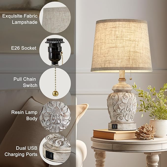 19.5" Vintage Rustic Table Lamp Set of 2 Farmhouse Table Lamps for Living Room Bedroom Decor with USB Ports Traditional Carved Floral White Bedside Night Light Lamps with Pull Chain Switch