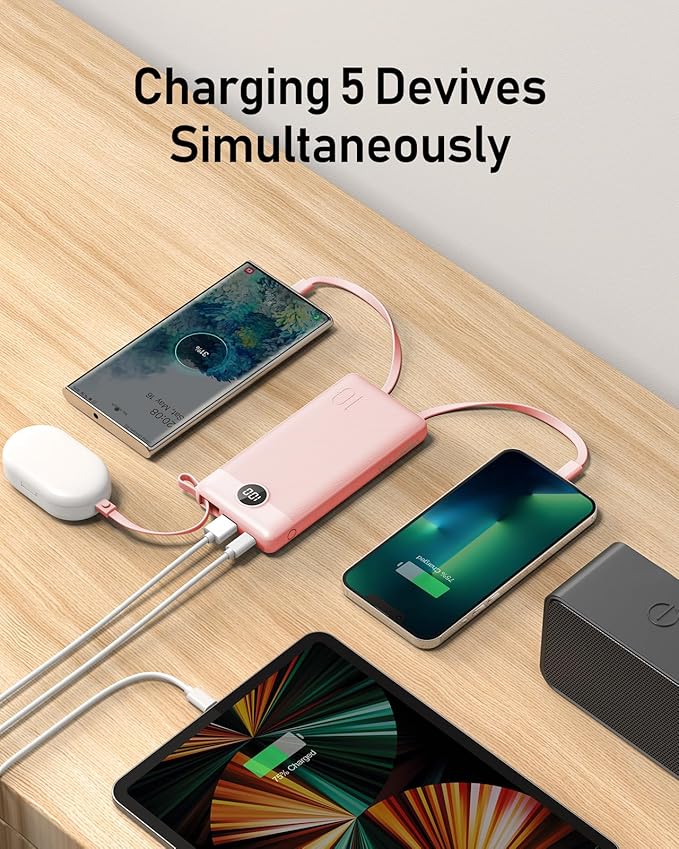 VEEKTOMX Portable Charger Built-in Cables, Power Bank for iPhone, Fast Charge USB C Battery Pack Travel Essentials Powerbank Compatible with iPhone 17/16/15/14, Samsung S25/24
