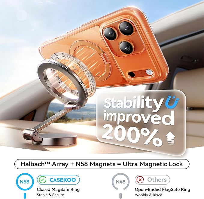 CASEKOO Official Cosmic Orange Smooth for iPhone 17 Pro Case with Ultra Magnetic Stand, Fit for MagSafe, 17FT Military Grade Protection, Transparent Slim Cover for iPhone 17 Pro 6.3'', Orange