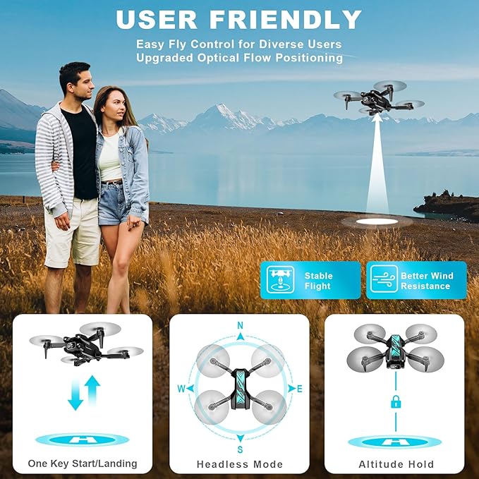 Mini Drone with Camera for Beginners Adults-1080P FPV Camera Foldable Drone with Stable Altitude Hold, Gestures Selfie, Waypoint Fly, Headless Mode, Auto-Follow, 3D Flip, One Key Start, 3 Speeds, 2 Batteries