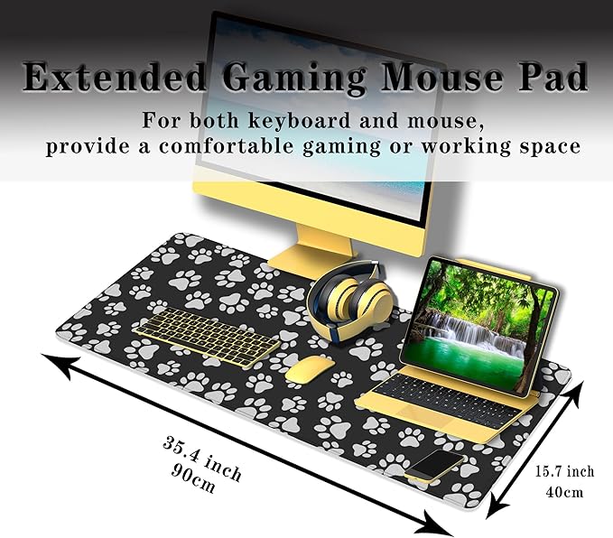 Keyboard Mousepad Black White, Big Mouse Pad Office Desk Pad Non-Slip Rubber Base Waterproof with Stitched Edges, 35.4" X 15.7" for Work/Game/Office/Home Dog Paw. Cat Footprint Dog Paw