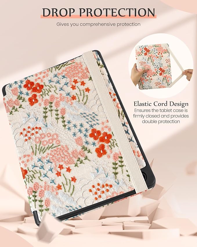 Uppuppy for Samsung Galaxy Tab A9 Plus Case 11'' - for Women Girls Cute Embroidered Folio Stand Cover with Pencil Holder & Card Slot Girly Floral Flowers Design Aesthetic Cases for Samsung Tab A9 Plus