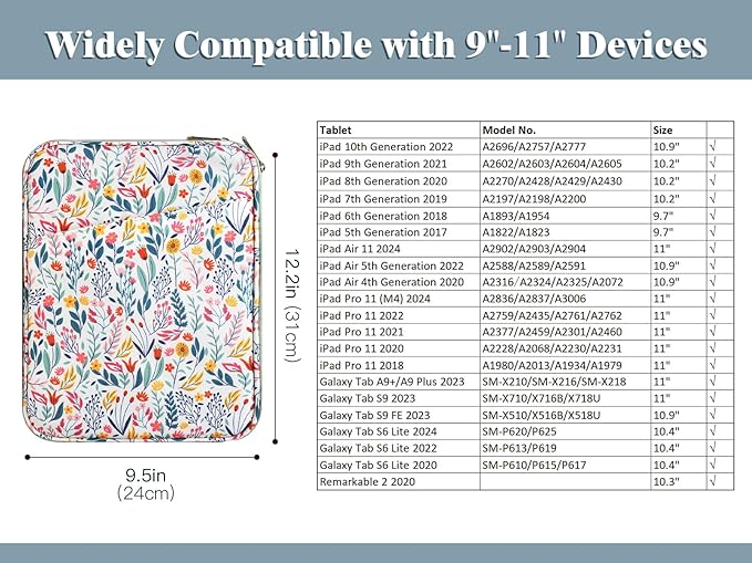 TiMOVO 9-11" Tablet Sleeve Bag for iPad 11-inch A16 2025, iPad 10.9"/10.2"| Air 11 Inch/5th/4th Gen. 10.9", Galaxy Tab A9+/A11Plus 11", Protective Bag with Pocket, Flowers