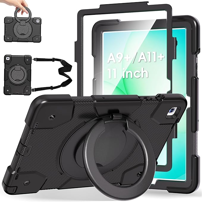 Andnary Case for Samsung Galaxy Tab A11+ Plus/A9+ 11 Inch 2025/2023, Tablet Case for Samsung Galaxy A9 Plus/A11+ with Screen Protector/360° Rotating Stand/Pen Holder/Shoulder Strap (Black)