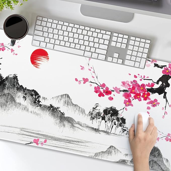 Watercolor Cherry Blossom Mouse Pad 35.4 X 15.7 Inch Japanese Hills Extended Large Pink Mouse Mat Non-Slip Rubber Base Mousepad with Stitched Edges Waterproof Desk Pad for Gaming&Home Office,XL