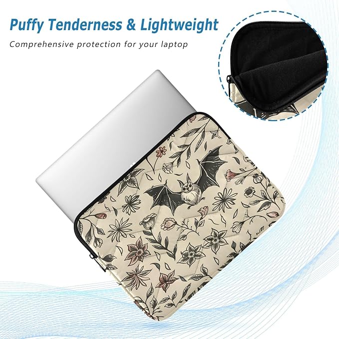 Cute 13 Inch Goth Bat Flowers Laptop Sleeve - Waterproof Computer Cover Bag for Women & Men