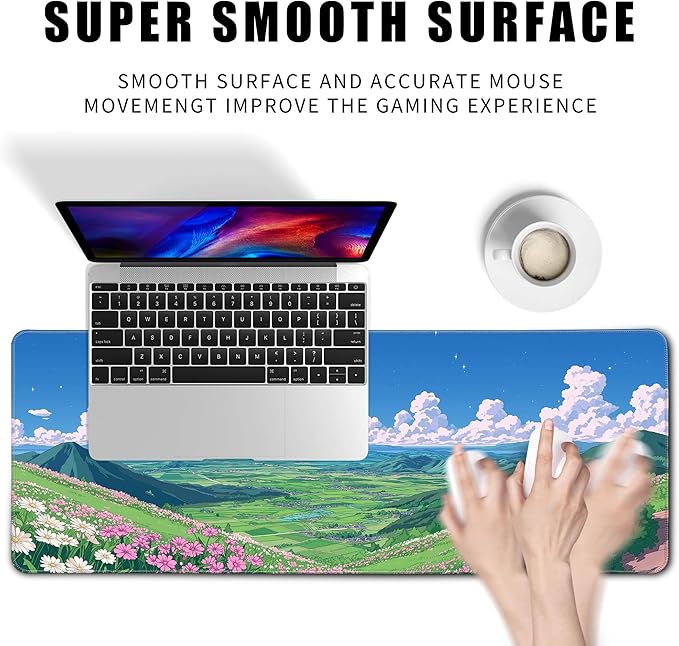 Desk Pad Gaming Mouse Pad Large for Desk Computer Pc Laptop Office Decor,Blue Sky Flowers and Plants Anime Keyboard Pad Stitched Edges Non-Slip Rubber Mat (31.5x11.8 in)