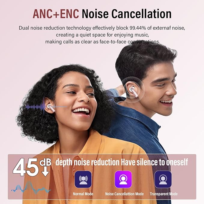 Thunelec Wireless Earbuds, Bluetooth 5.4 Headphones with Multifunctional Touch Screen, 48H Bass Stereo Ear Buds with ANC/ENC Noise Cancelling/Transparency Mode, IPX7 Earphones with 5 EQ Modes, Rose