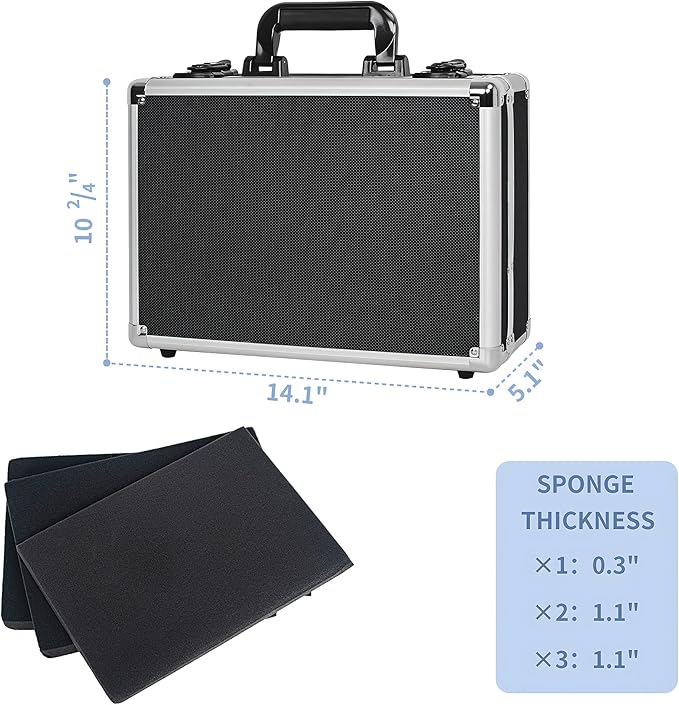 14 Inch Hard Shell Carrying Case Ideal for Wireless Mic System Storage & Camera Gear Transportation, Aluminum Alloy Sturdy Build, Customizable Pre-Diced Foam, Black