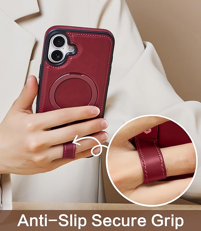 Butaiga for iPhone 17 Leather Case with Stand, Anti-Slip Grip Ring, Fits for MagSafe (Burgundy, iPhone 17)