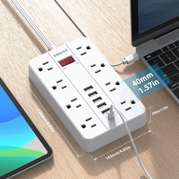 Flat Plug Extension Cord 15 Ft, SMNICE Surge Protector Power Strip with 8 Widely Spaced Outlets and 6 USB(1USB C) Ports, Wall Mount Long Charging Station for Dorm Home, Office Accessories, White