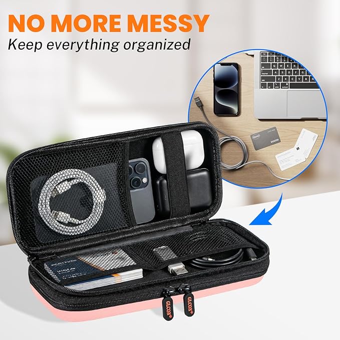 Double-Layer Hard Carrying Case with Multiple Pocket - Portable Electronics Organizer Travel Case for Women, Girl - Roomy Zipper Pouch Bag for Charger, Phone, Power Bank, Cable, Cord, Tech Accessories