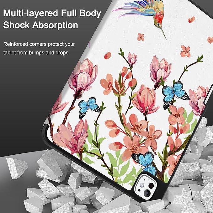 MEEgoodo Case for M5 iPad Pro 11 inch 2025/M4 iPad Pro 11 inch Case 2024, Tablet Cover with Trifold Stand & Pencil Holder & Auto Wake/Sleep & Soft TPU Back Cover, Birds & Flowers