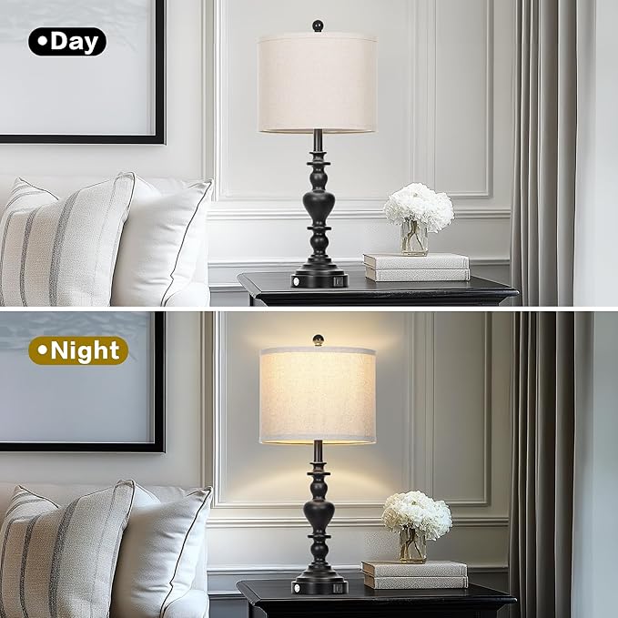 27" Farmhouse Vintage Lamps Set of 2 with USB C+A Charging Ports, Black Rustic Touch Control Table Lamp for Living Room, 3-Way Dimmable Traditional Nightstand Bedside Lamp Linen Washed for Bedroom