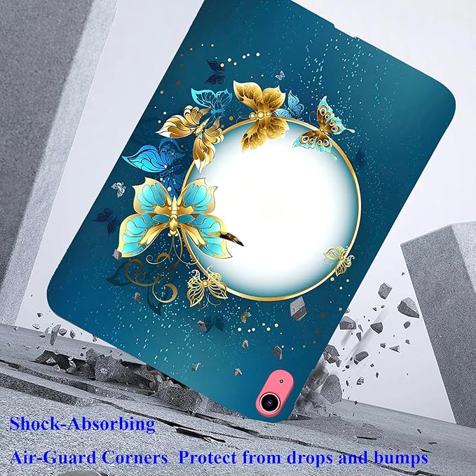for Apple iPad (A16) 11th Generation Case 11 inch 2025 & iPad 10th Generation Case 10.9 inch 2022, Lightweight Soft TPU Back Shockproof Cover Silicone Bumper Shell, Gold Blue Butterfly