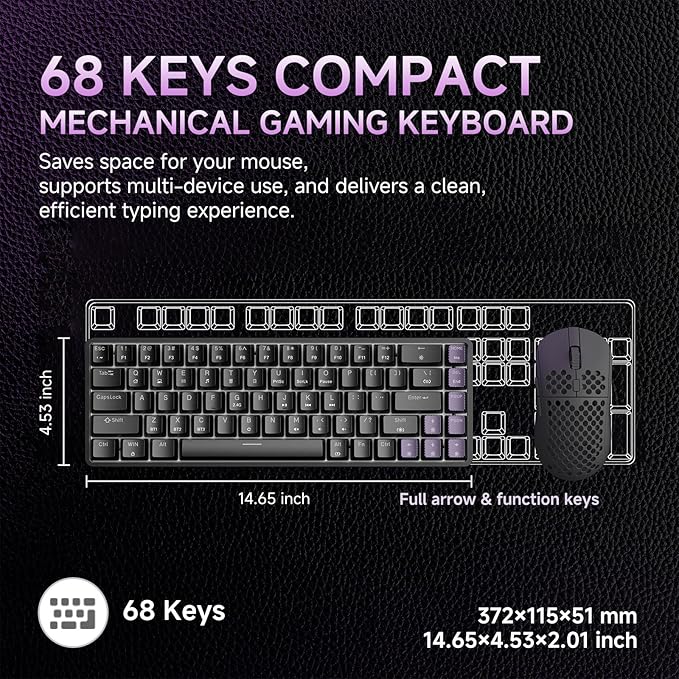 DIERYA DK68 Wireless Mechanical Keyboard, 60% Gaming Keyboard with Blue Switch, Triple Mode 2.4GHz/USB-C/BT5.0, RGB Backlit, Anti-Ghosting Keys, 68 Keys Portable Mini Wired Office Keyboard-Black