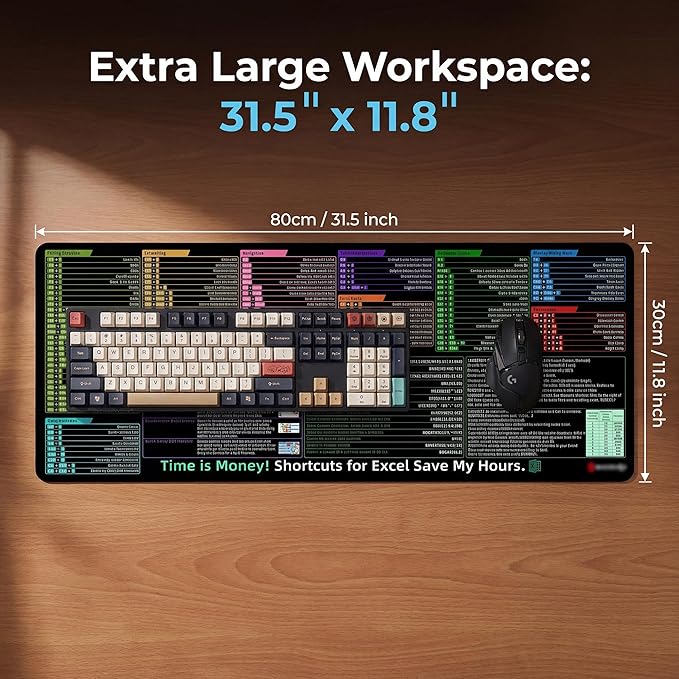 Excel Shortcut Keys Mouse Pad, Extended Large Desk Mat (31.5x11.8 Inch) with Non-Slip Base & Washable Surface for Gaming, Computer, Office Desk