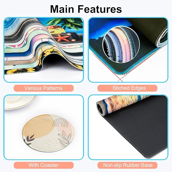Large Gaming Mouse Pad with Coaster, Desk Matt for Desktop, Desk Pad, Mouse Pads Mat, Stitched Edges Big Extended Mousepad for Computer Keyboard Laptop Office Decor, 31.5'' x15.6''-Boho Style