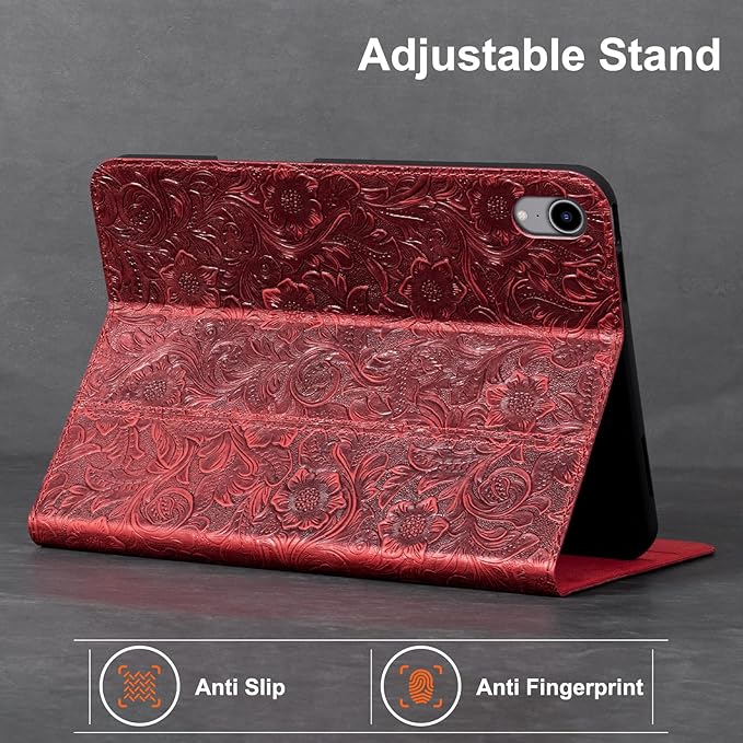 Gexmil Leather Case for iPad mini 7 (A17 Pro) 2024 / iPad mini 6 Generation 2021 8.3 Inch,Premium Cowhide Cover with Pencil Holder,Adjustable Stand, Auto Wake/Sleep,Floral Red
