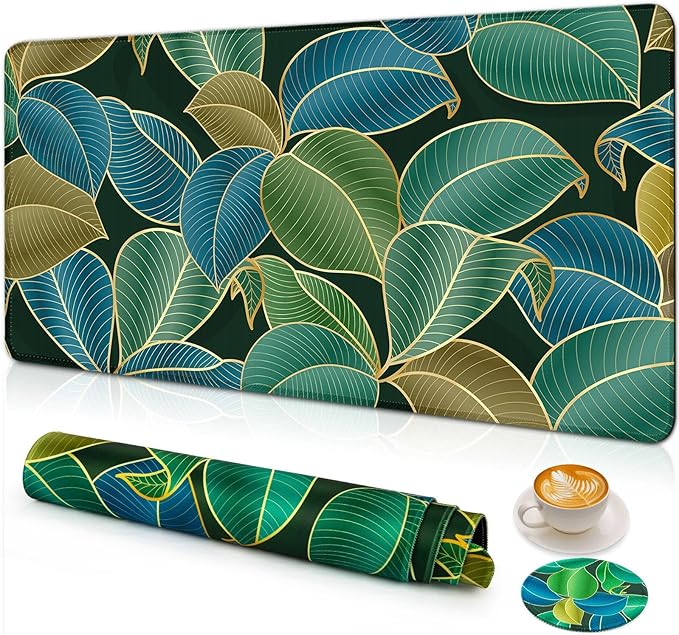 Large Gaming Mouse Pad with Coaster, Desk Matt for Desktop, Desk Pad, Mouse Pads Mat, Stitched Edges Big Extended Mousepad for Computer Keyboard Laptop Office Decor, 31.5'' x15.6''-Leaves 2
