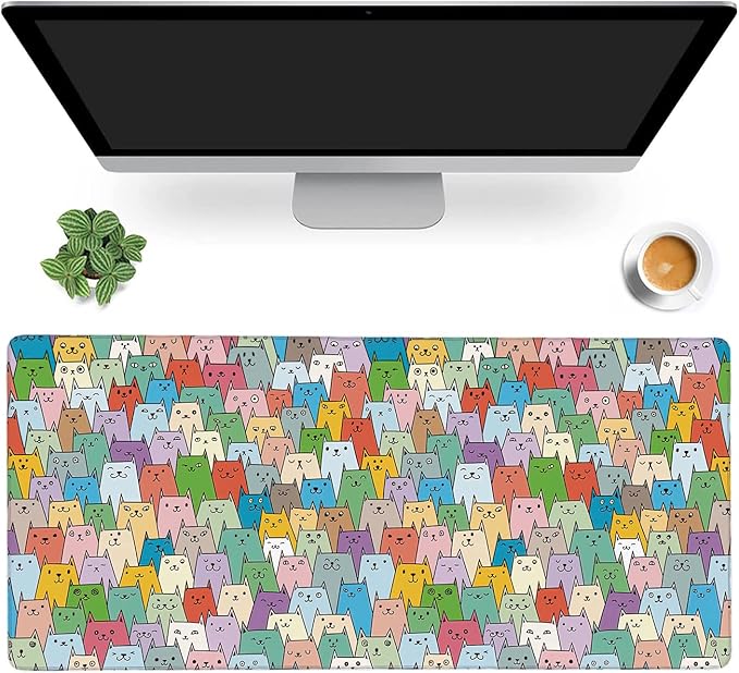 Cute Colorful Cats Extended Gaming Mouse Pad Large Desk Mat with Non-Slip Rubber Base and Stitched Edges,Keyboard Mouse Mat Desk Pad for Work,Game,Office,Home 35.4 * 15.7 Inch
