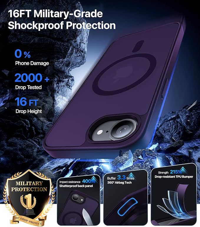 Eastinbox Magnetic Shockproof for iPhone 17e & iPhone 16e Case [Compatible with MagSafe] [Military-Grade Protection] Anti-Yellowing, Matte Protective Phone Case for iPhone 17 e/16 e 6.1", Purple