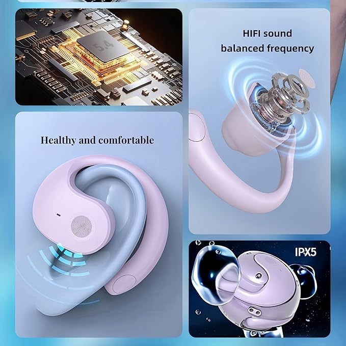 Open Ear Headphones, Bluetooth 5.4 Wireless Sports Headphones with Digital Display Charging Case 48 Hours Playtime True Earbuds with Earhooks for Running Walking Workout (Fresh Purple)