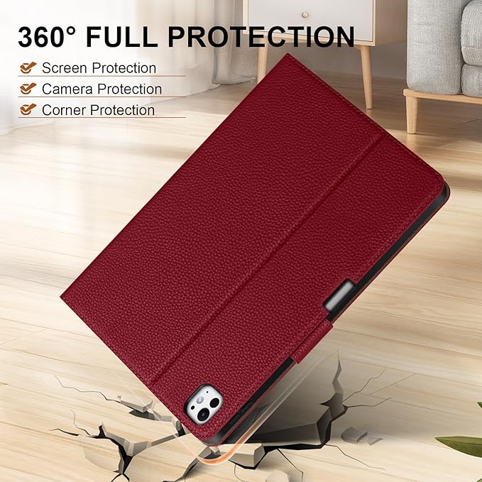 Genuine Leather Case for iPad Pro 11 inch Case (M5) 2025 / (M4) 2024 | with Pencil Holder and Adjustable Stand, Magnetic Closure, Auto Wake/Sleep Cover | Wine Red