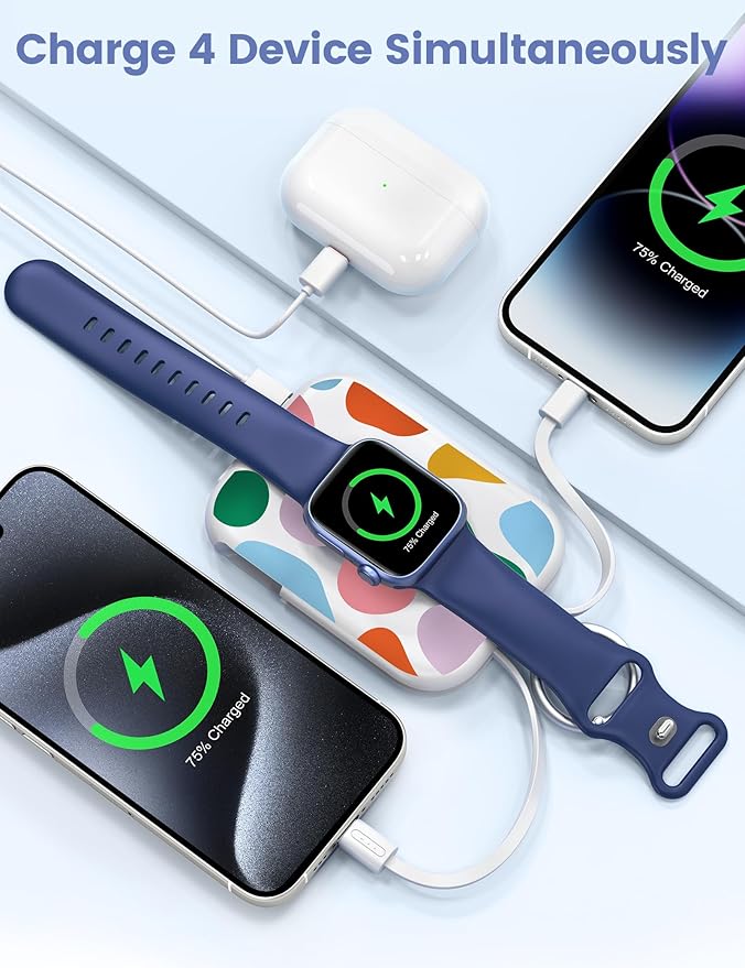 RORRY Portable Charger, 5000mAh Portable Charger Power Bank with Built-in Cables, Travel Keychain Battery Pack for Apple Watch Ultra/11/10/9/8/7/6/SE, iPhone Air/17/16/15/14/13/12, Graffiti