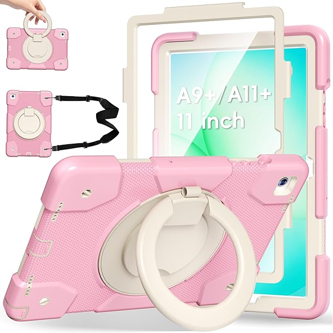 Andnary Case for Samsung Galaxy Tab A11+ Plus/A9+ 11 Inch 2025/2023, Tablet Case for Samsung Galaxy A9 Plus/A11+ with Screen Protector/360° Rotating Stand/Pen Holder/Shoulder Strap (Pink)