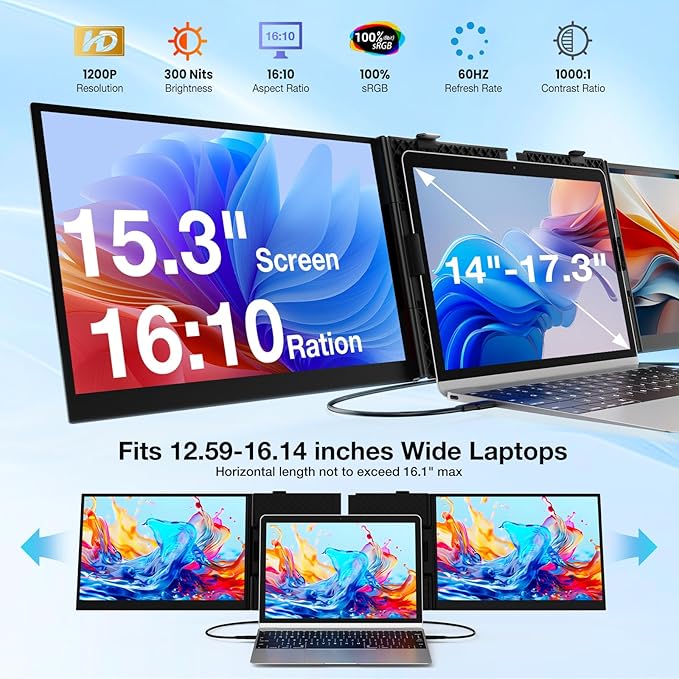 Laptop Screen Extender, Ultra-Thin 15.3" FHD 1200P 16:10 Portable Monitor for Laptop, Lightweight Travel Monitor Extender Plug & Play for 14.2"-17.3" Laptops, Compatible with Wins/Mac/Android/Chrome