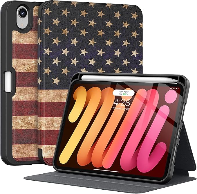 Supveco Case for iPad mini 7 (A17 Pro) 2024/iPad Mini 6 2021 8.3 Inch with Pencil Holder-[Auto Wake/Sleep],Slim Protective Case with Soft TPU Back Cover for iPad mini 7th/6th Generation-Flag