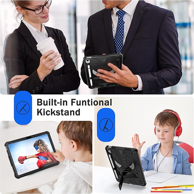 Dteck for iPad Air (3rd Generation) 2019/iPad Pro (2017 Release) Hard Shell Case 10.5" with Kickstand, Shoulder Strap/Screen Protector Film/Stylus Included, Shockproof Cute Spider Kid's Cover, Black